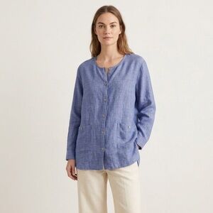 Vintage 90s Marsh Landing Linen Blouse Collarless Button Front Oversized Top XL